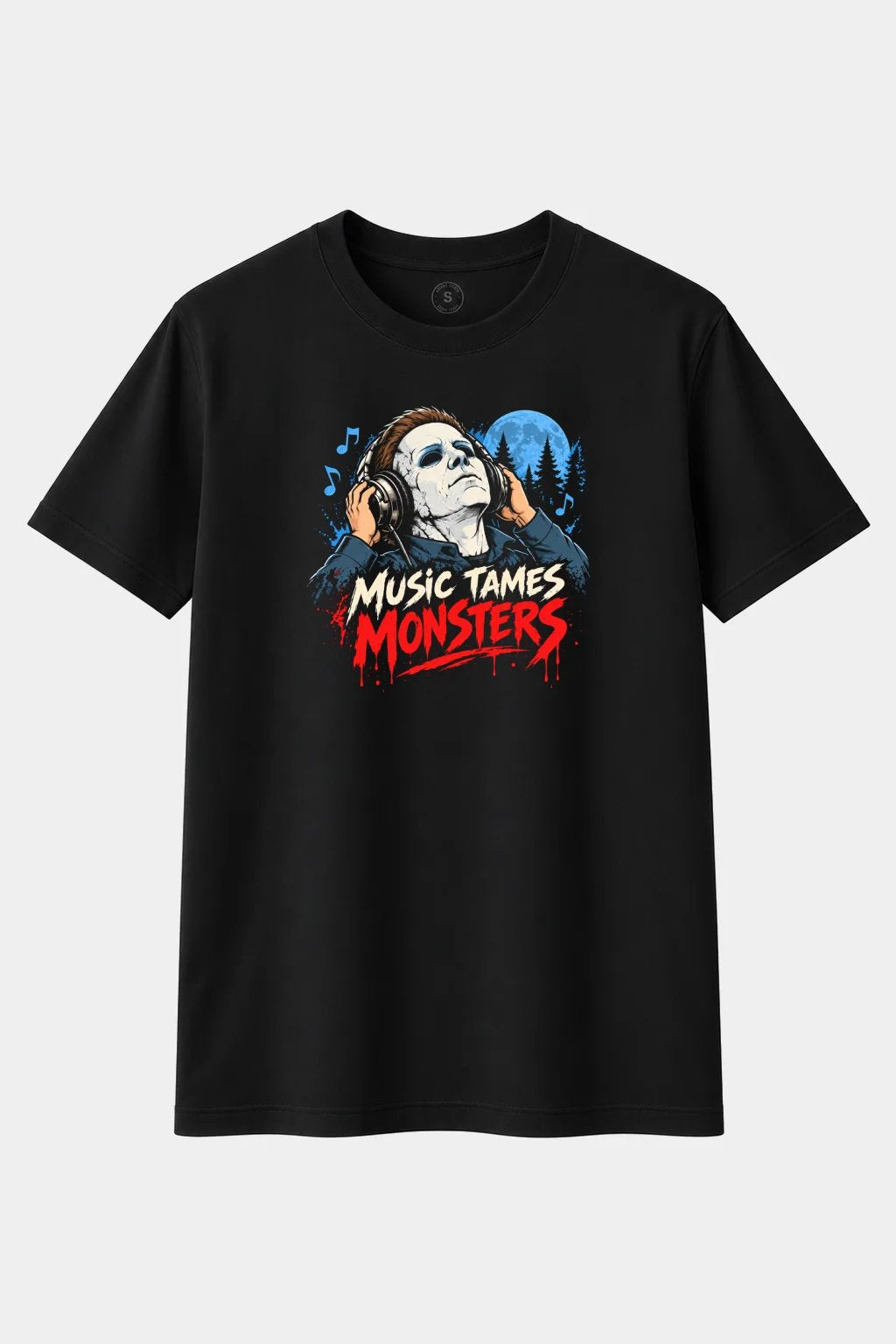 Camiseta Asesino de Halloween con Auriculares “Music Tames Monsters” – Terror Slasher