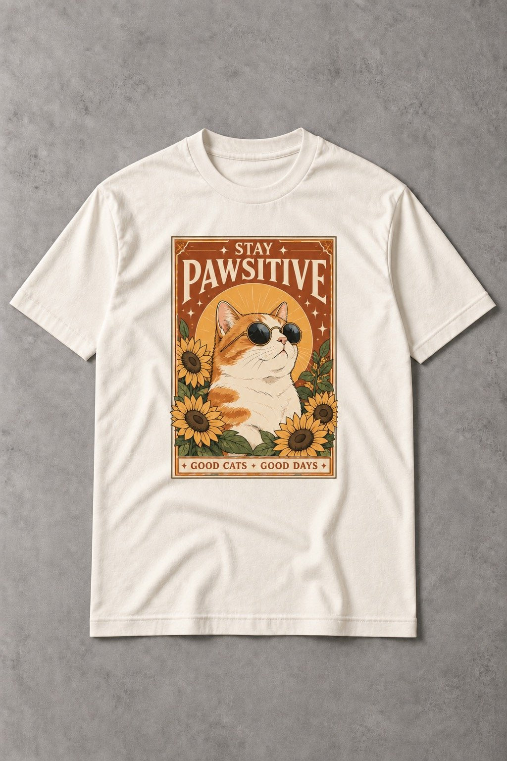 Camiseta Stay Pawsitive – Gato con Girasoles