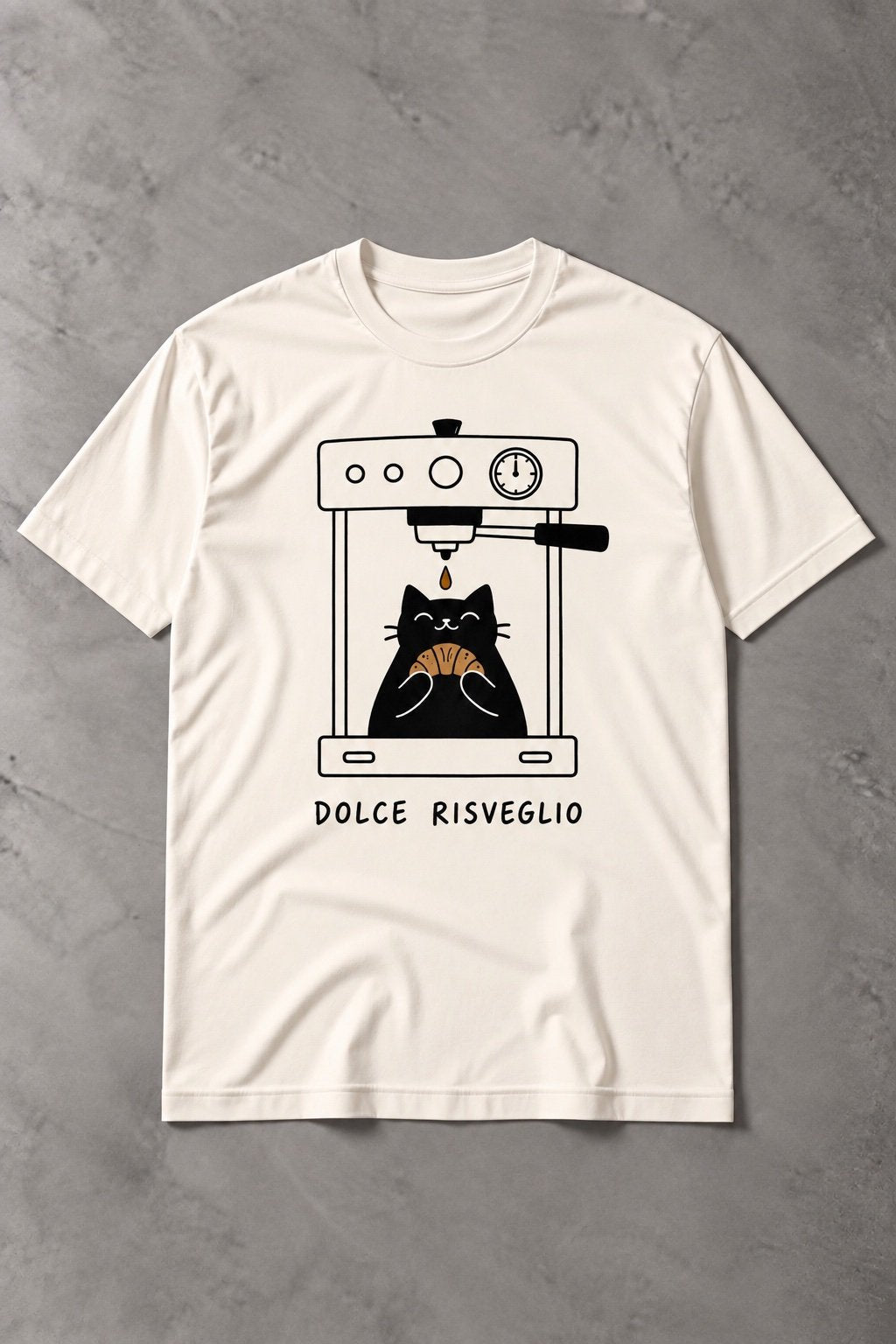 Camiseta de Gato Dolce Risveglio – Café, Croissant y Buen Humor
