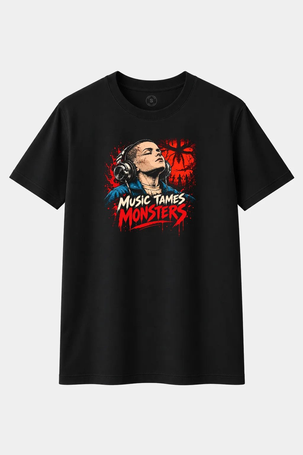 Camiseta Chica Sobrenatural con Auriculares “Music Tames Monsters” – Terror Friki