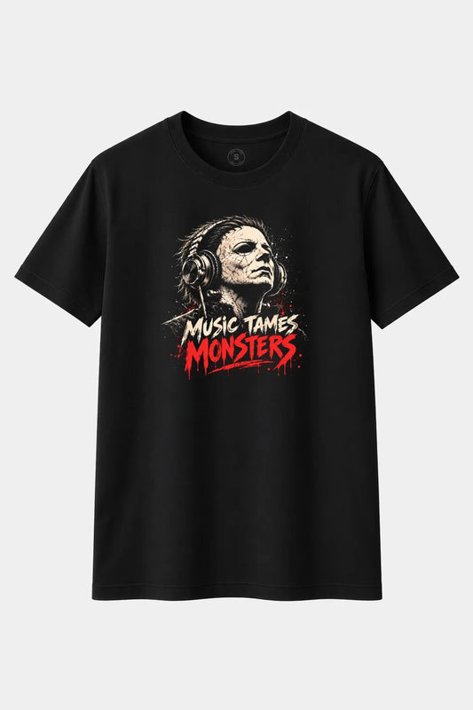 Camiseta Asesino Enmascarado con Auriculares “Music Tames Monsters” – Terror Musical