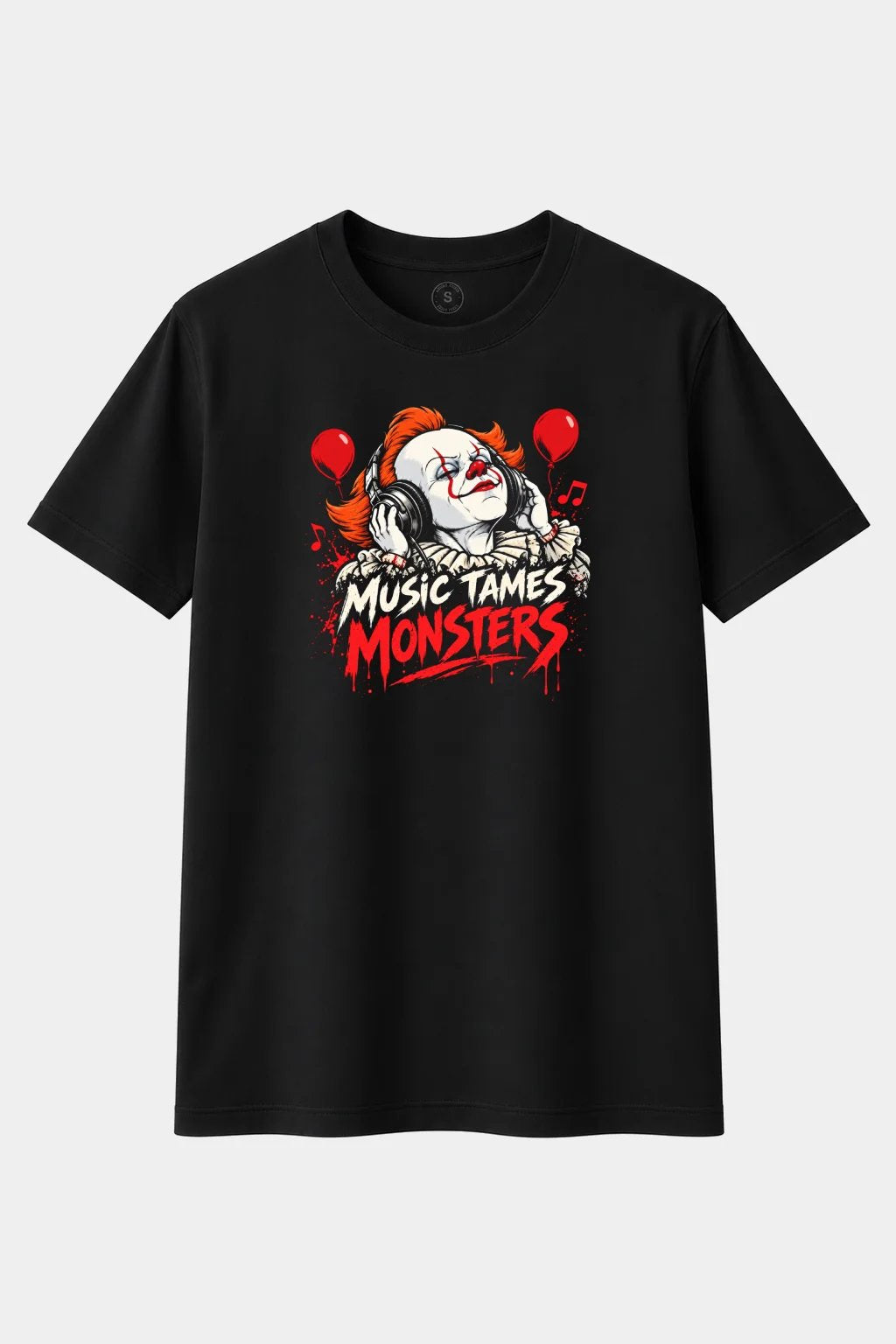Camiseta Payaso Terrorífico con Auriculares “Music Tames Monsters” – Horror y Música