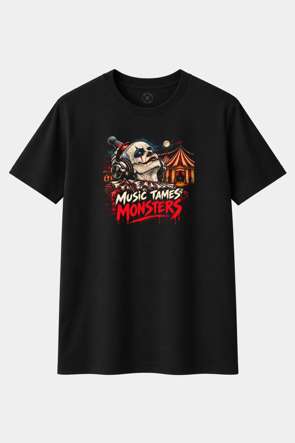 Camiseta Payaso de Circo con Auriculares “Music Tames Monsters” – Terror Vintage