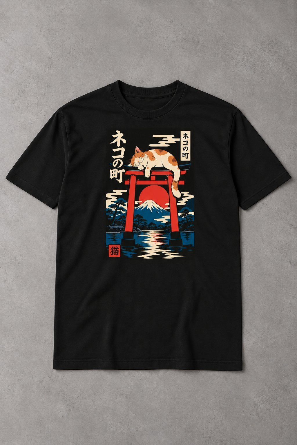 Camiseta de Gato Neko no Machi – Japón, Torii y Monte Fuji