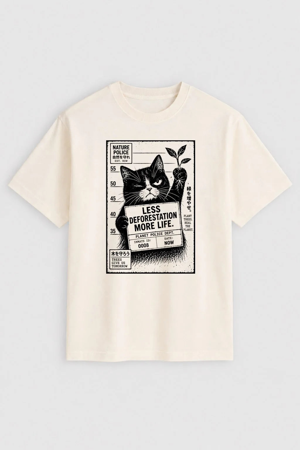 Camiseta Nature Police – Less Deforestation, More Life - Tuxedo Cat