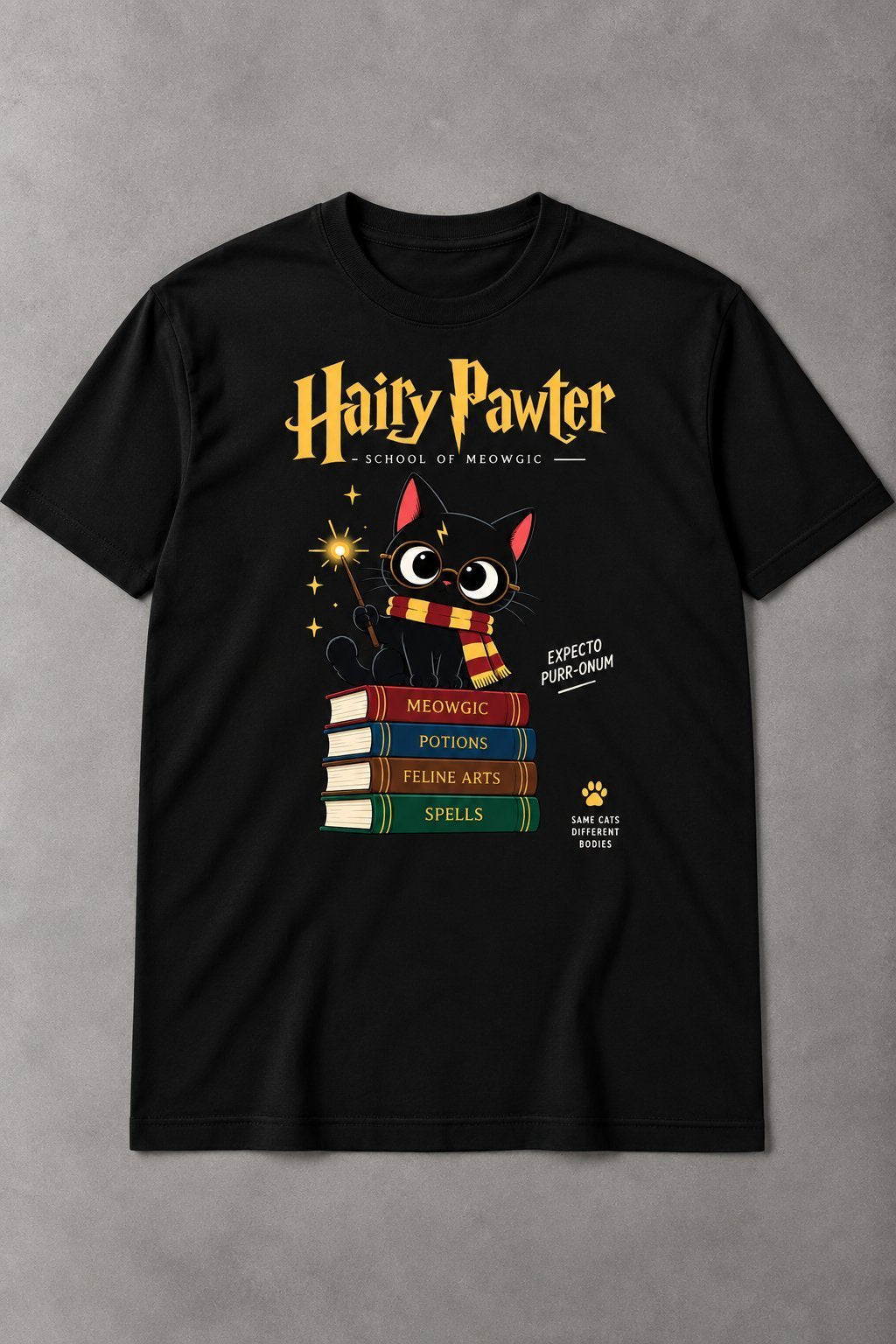 Camiseta de Gato Hairy Pawter – School of Meowgic