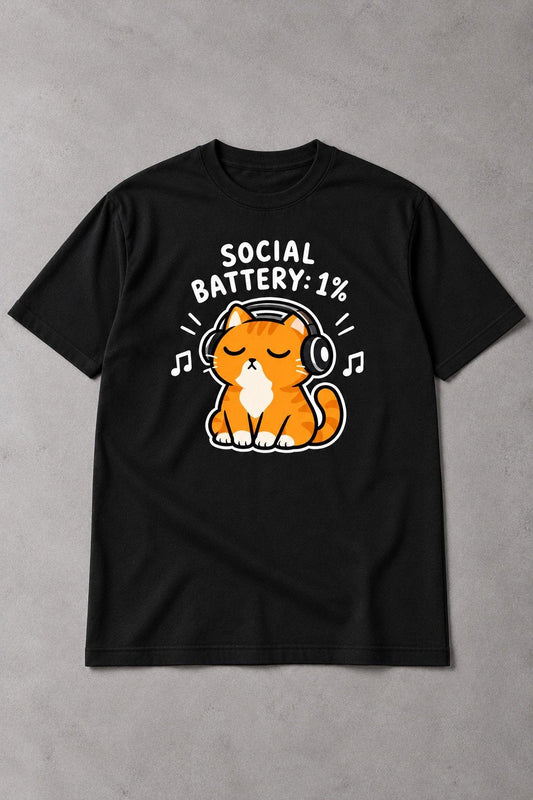 Camiseta de Gato Social Battery 1% – Camiseta Divertida para Amantes de los Gatos