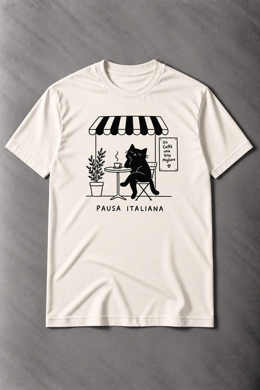 Camiseta de Gato Pausa Italiana – Un Caffè, Una Vita Migliore