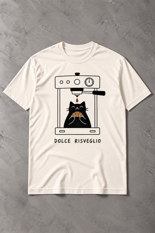 Camiseta de Gato Dolce Risveglio – Café, Croissant y Buen Humor