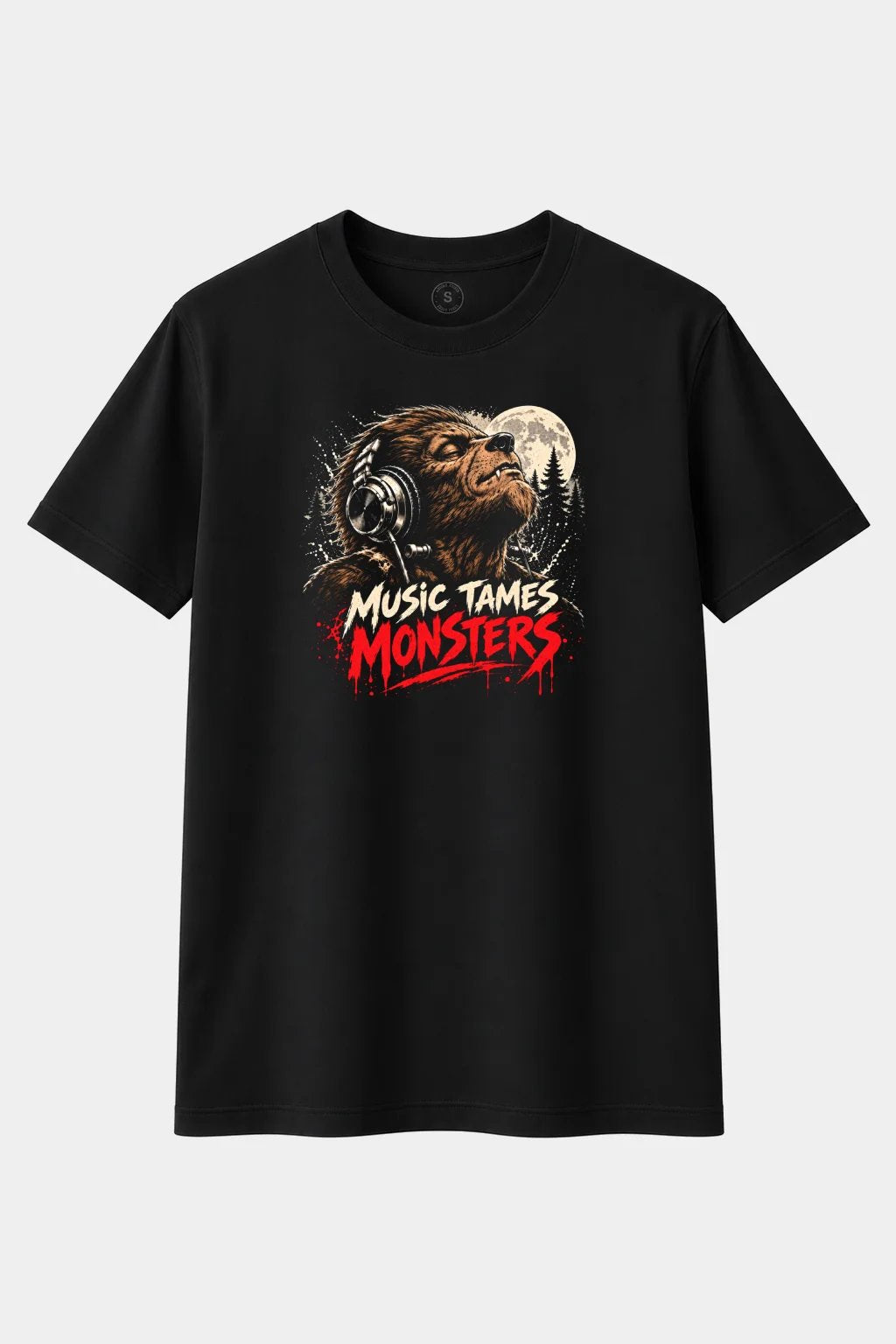 Camiseta Hombre Lobo con Auriculares “Music Tames Monsters” – Música y Terror