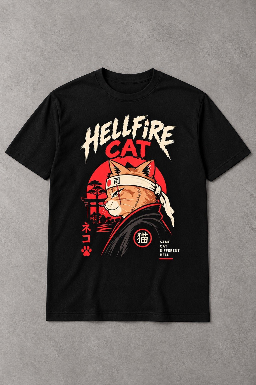 Camiseta de Gato Hellfire Samurai – Same Cat Different Hell