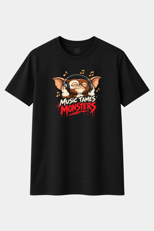 Camiseta Monstruo Peludo con Auriculares “Music Tames Monsters” – Diseño Divertido