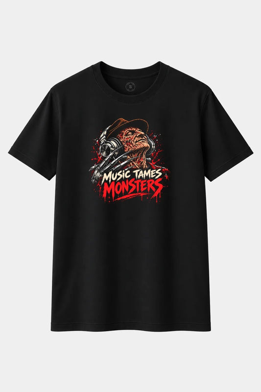 Camiseta Monstruo de Pesadilla con Auriculares “Music Tames Monsters” – Terror Retro